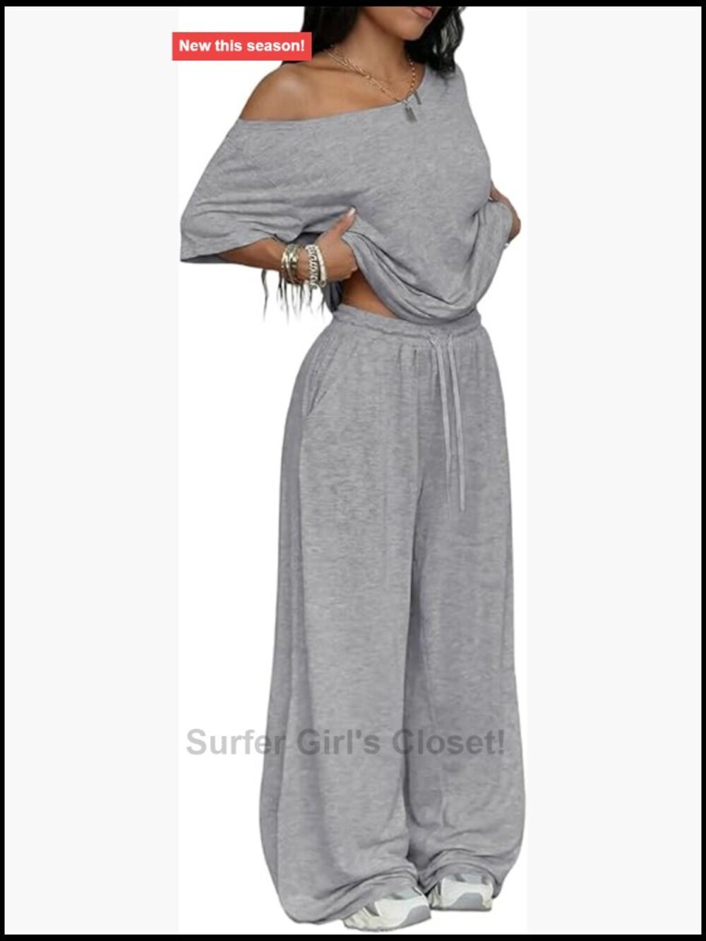 Two Piece Lounge Set Off Shoulder Top Wide Leg Sweatpants Travel Loungewear